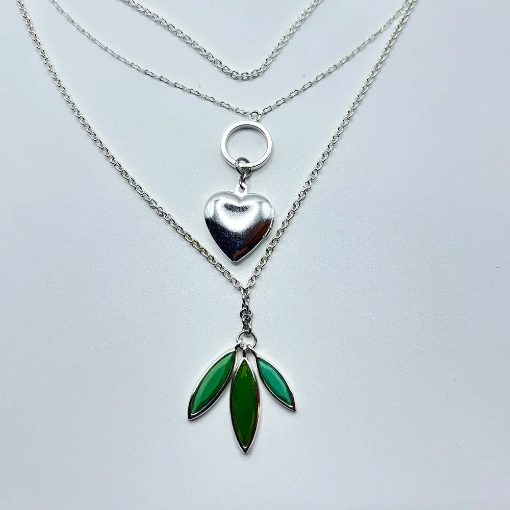 Apt. 9 Silver Tone Triple Strand Layered Heart Locket‎ Green Leaf Necklace 19
